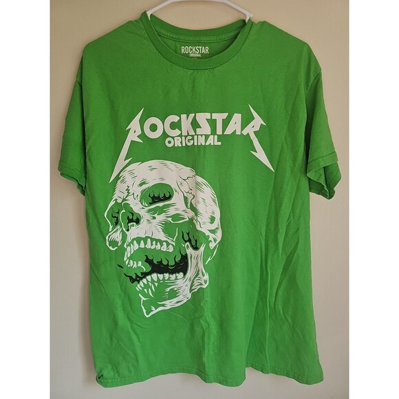 ROCKSTAR Original Tshirt Skull Size L Made In USA Green - Picture 1 of 3